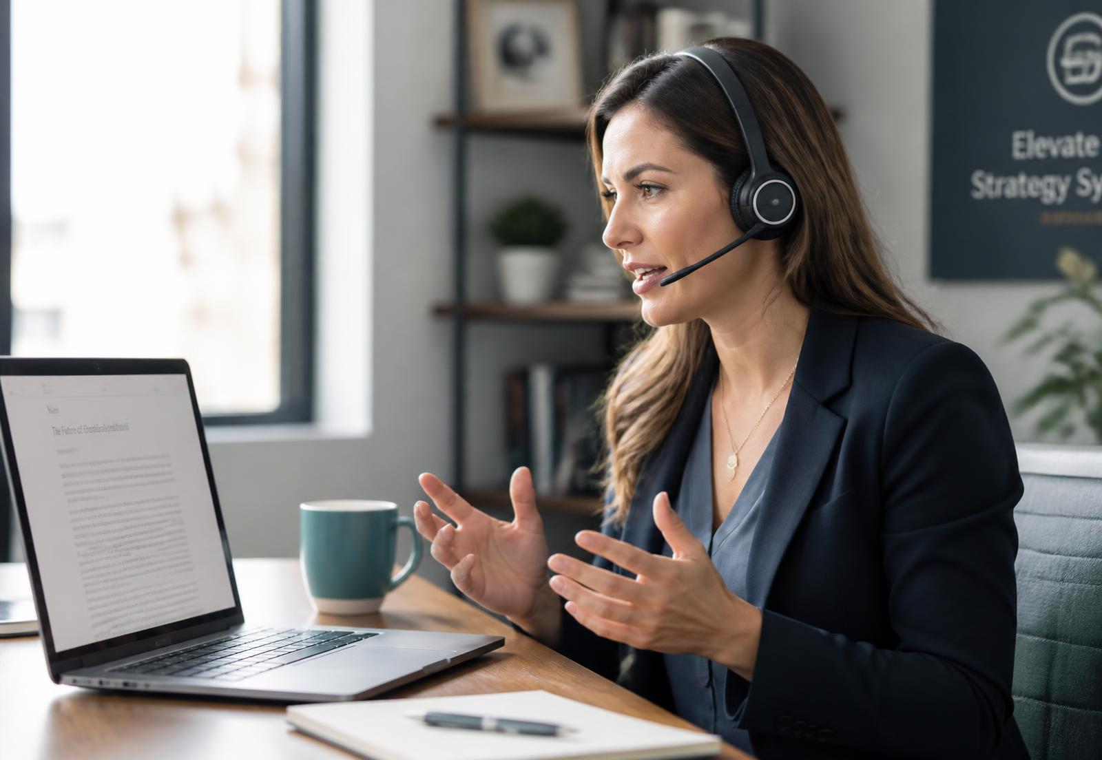 A businesswoman wearing a headset recording her expertise at her desk while a transcript appears on her laptop